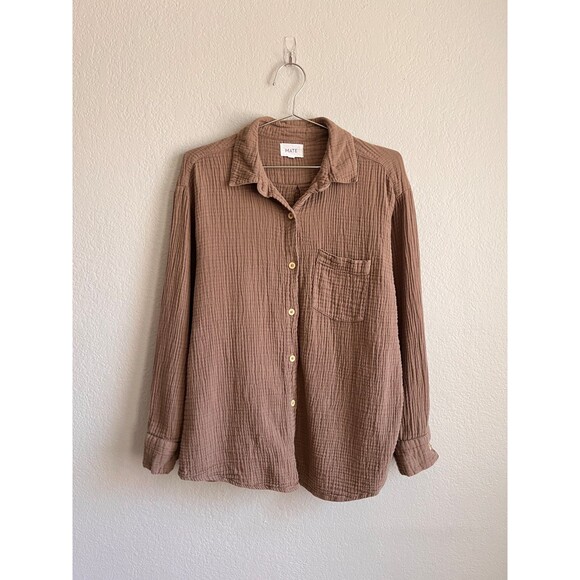 MATE the Label Tops - Mate the Label Organic Gauze Oversized Button Down in Bark Size MEDIUM